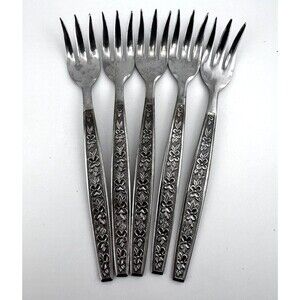 Vtg ROGERS Stainless 5pc Appetizer Hors D'oeuvre Seafood Forks Japan Floral